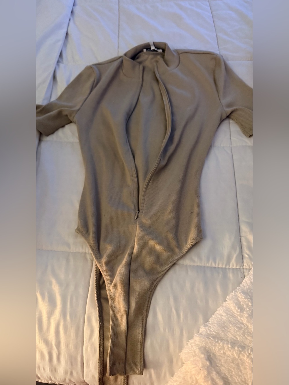 Tan Ribbed One-Piece Bodysuit with Front Zip